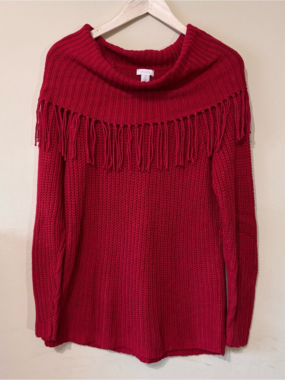 Chicos Red Fringe Knit Sweater